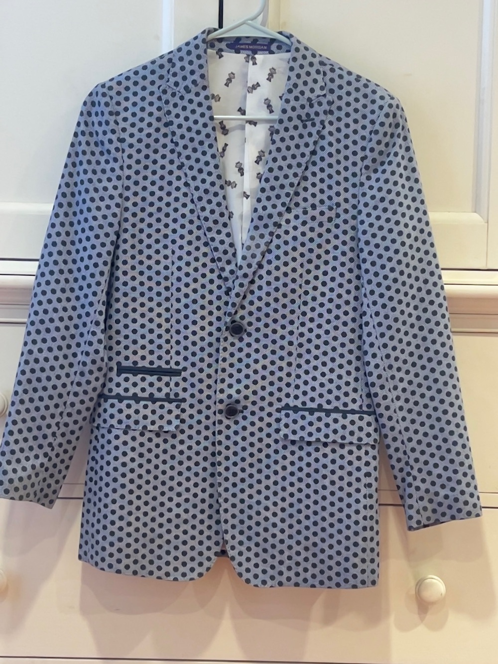 James Morgan 100% Linen Boys Blazer Sz 16 Navy Polka Dot